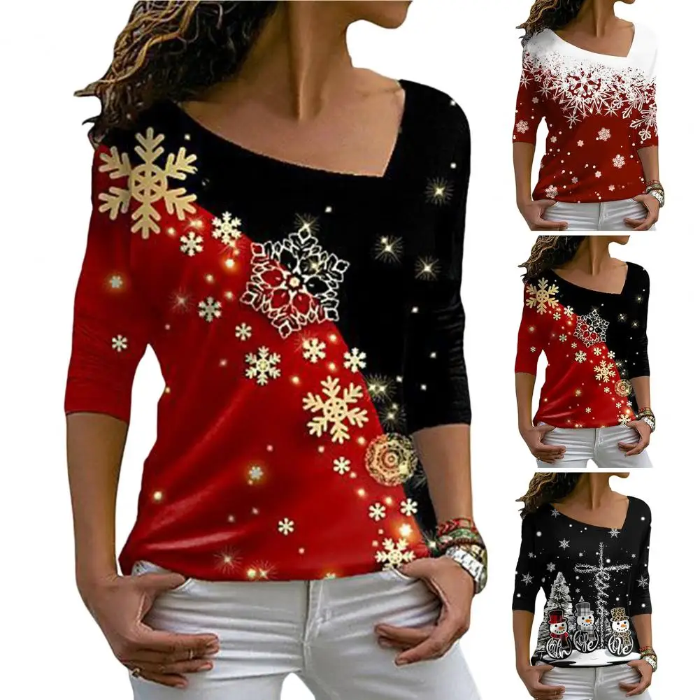 

Skew Collar Long Sleeves Slim Fit Christmas Top Women 3D Snowflake Patchwork Print Casual Pullover Top Female Clothing Pulllover