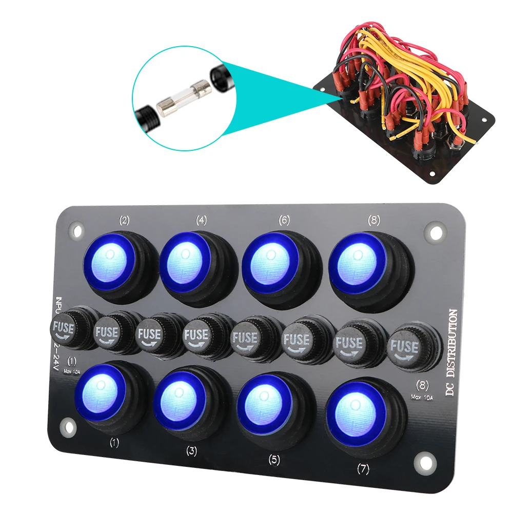 

Button Rocker Toggle Switch Panel Replaceable Fuse Holder 8Gang On/off Blue LED Light 12~24V Circuit Breaker Waterproof