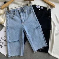 2022 woman casual high waist straight jeans shorts summer female pockets loose blue denim shorts ladies high street bottoms a39