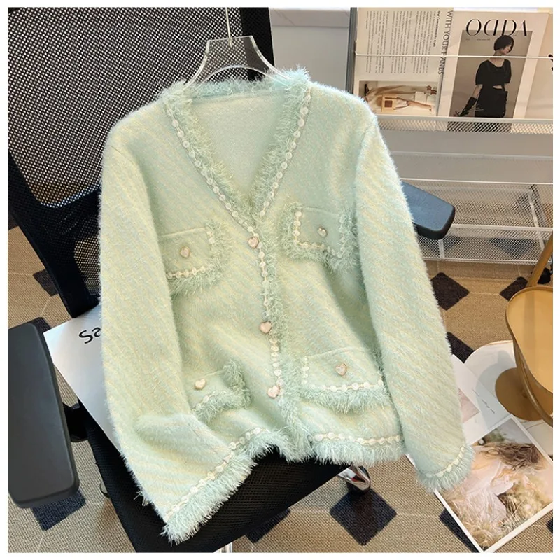 Новинка осени 2024 фиолетовый вязаный кардиган с v-образным вырезом и кисточками