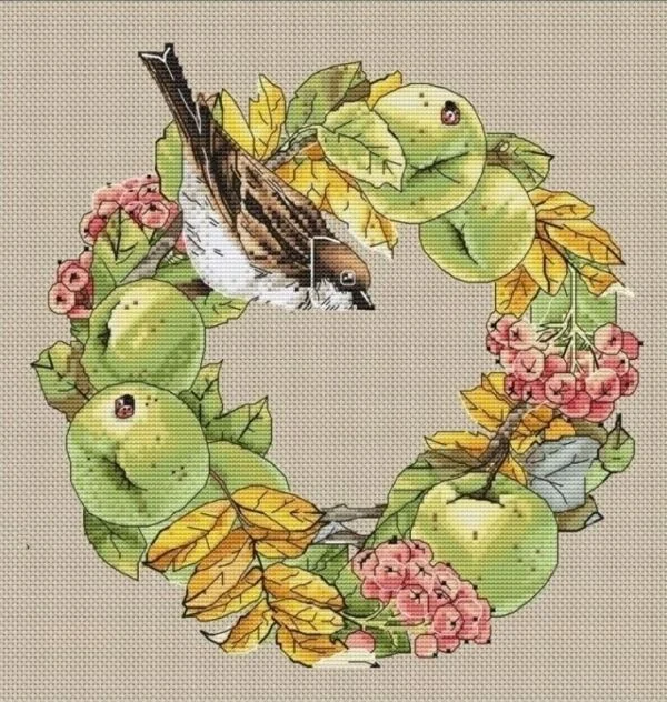 

Фруктовая гирлянда с птицами 35-35, вышивка крестиком, Экологичная хлопковая нить, вышивка, украшение для дома, подвесная картина, подарок