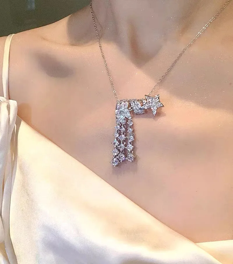 

2023 Women Ins Bright pentagram Comet Tassel Necklace Female Full Diamond Zircon Shining