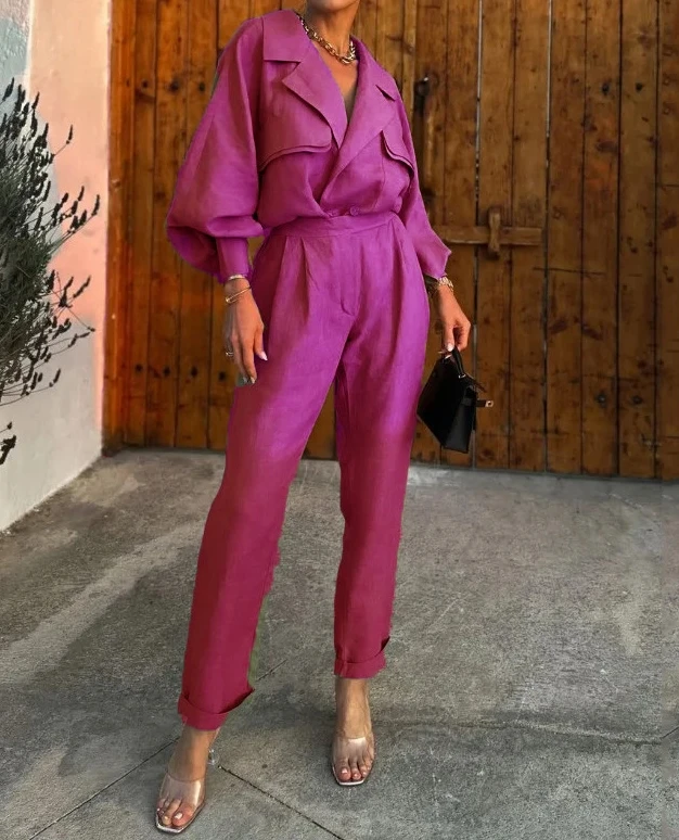 

Lantern Sleeve Top and Pants for Woman 2023 Autumn Spring New Fashion Casual Loose Fitting Suit Women Two Piece Sets Outfit