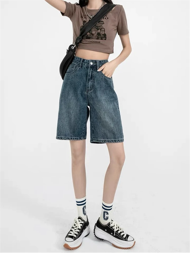 

2022 New Summer Women High Waist Five Points Trouser Casual Female Solid Streetwear Stright Jeans Solid Wide Leg Denim Shorts