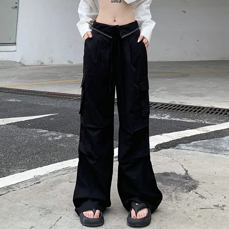 

Black Oversized Cargo Pants for Women Personality High Waist Baggy Wide Leg Pants Spring Woman Casual Trousers with Side Pockets