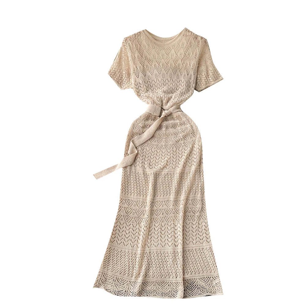 

Женское трикотажное платье с коротким рукавом, элегантное облегающее длинное платье в стиле ретро, с вырезами и подкладкой на бретелях-спагетти, новинка на лето