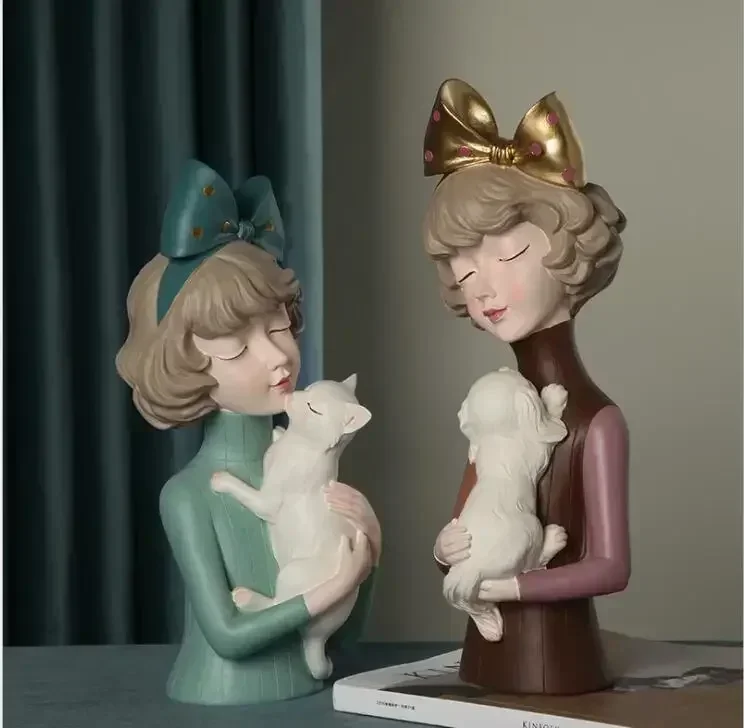 Простая милая девушка обнимающая собака кошка статуи из смолы аксессуары