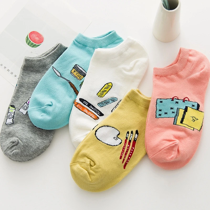 New 5 Pairs/lot Spring Women Cotton Socks Set Cute Cartoon Animal Fruit Casual Girls Short Sock Slippers Harajuku Size 34-40