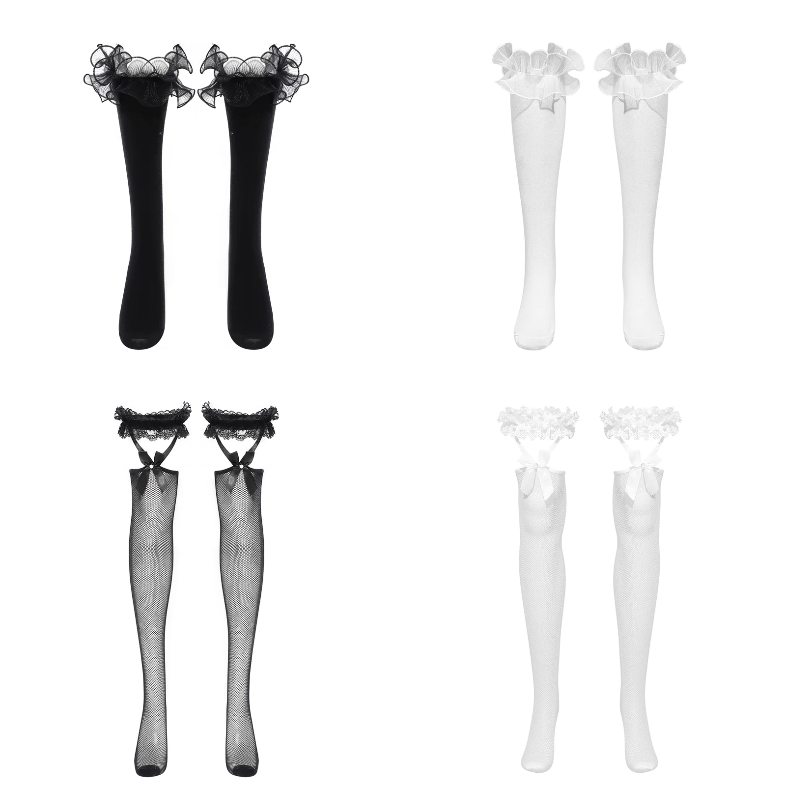 

Черные женские кружевные чулки с оборками и бантом, женские ажурные чулки выше колена/до колена