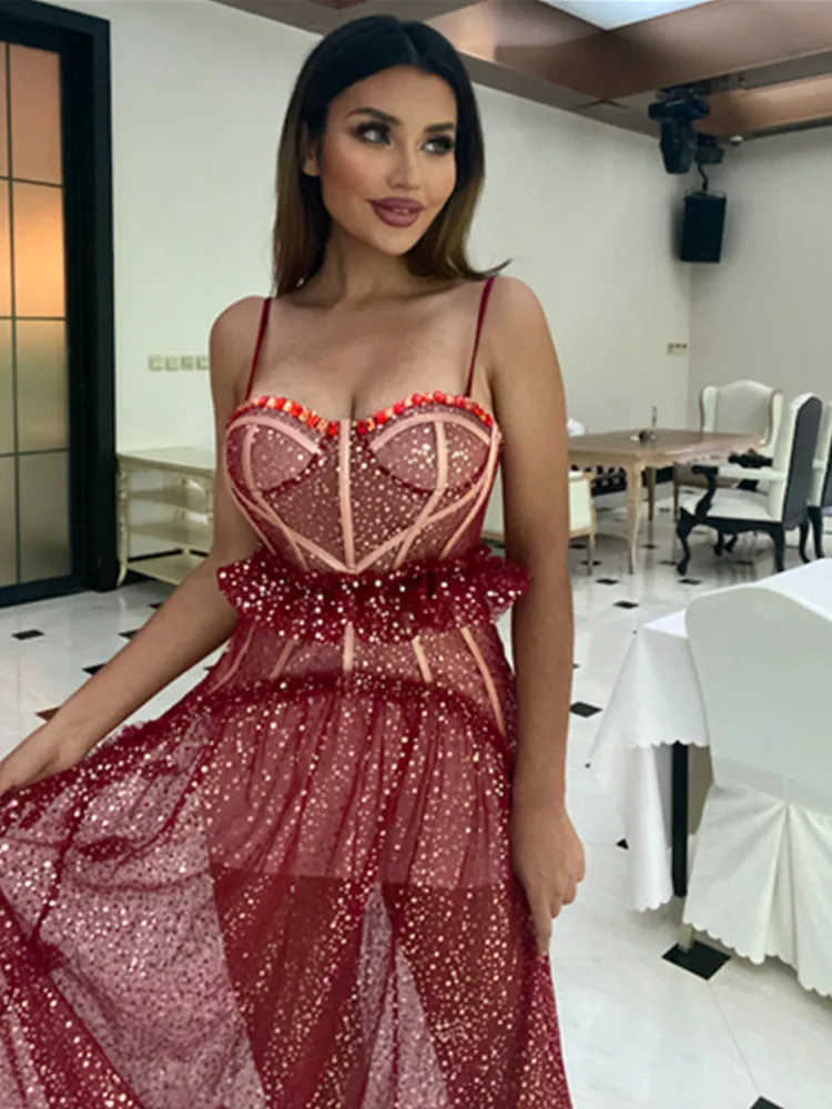 

Women Summer Sexy V Neck Backless Beading Sequins Red Pleated A Line Bodycon Dress 2022 Elegant Evening Club Party Dress