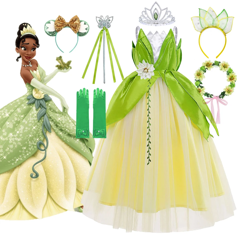 

Girls Princess Tiana Dress up Costume Kids Cosplay Princess and The Frog Clothing Child Birthday Party Halloween Fancy Ball Gown