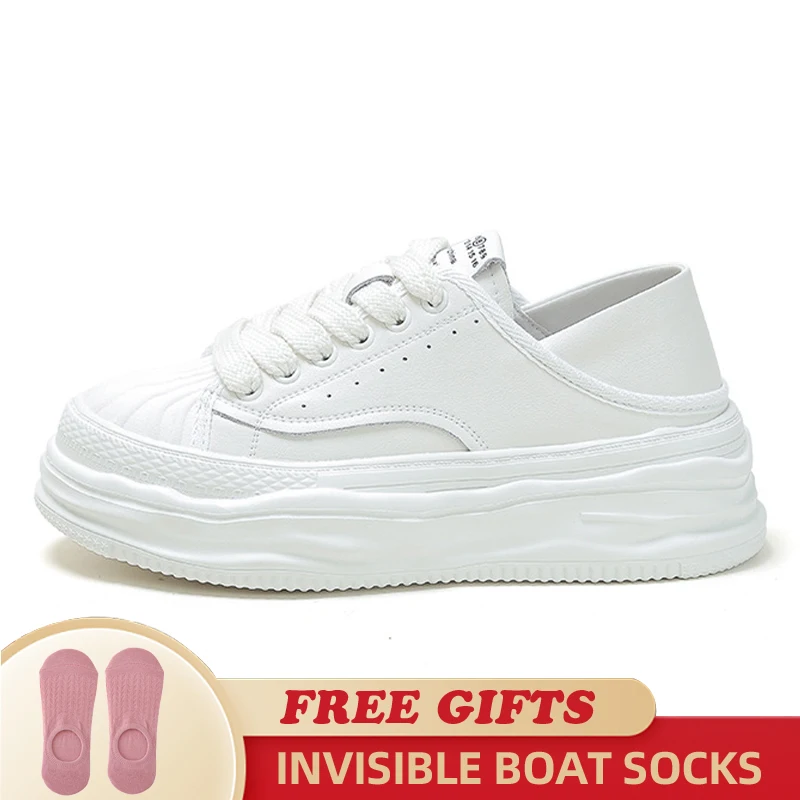 2023 5cm Chunky Sneakers Genuine Leather New Wedge Platform Shell Toe Breathable Vulcanized Summer Fashion Lace Up Ladies Shoes