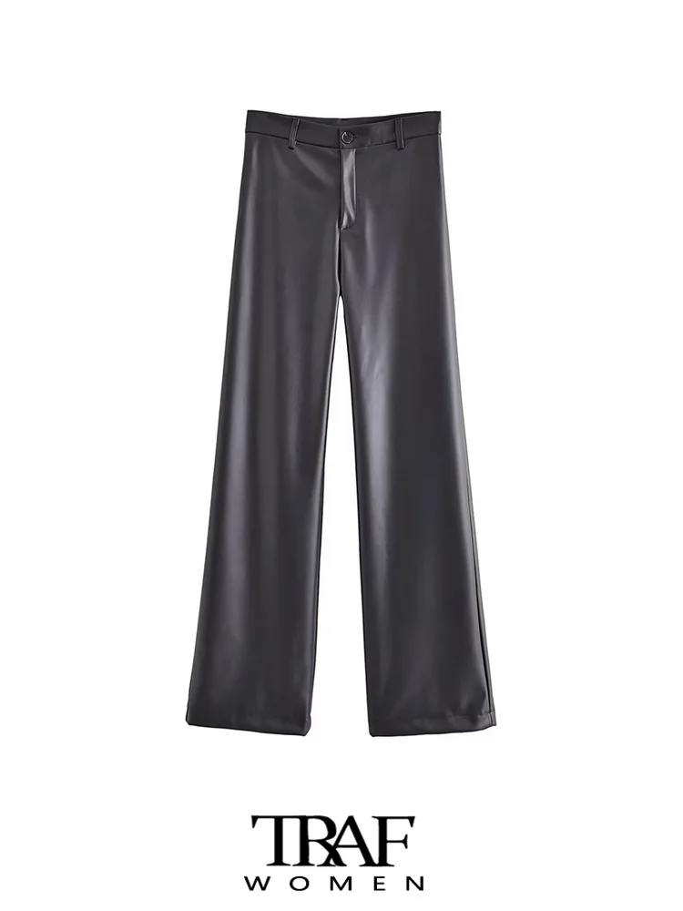 

TRAF Women Fashion Faux Leather Straight Full Leather Pants Vintage High Waist Zipper Fly Female Trousers Mujer