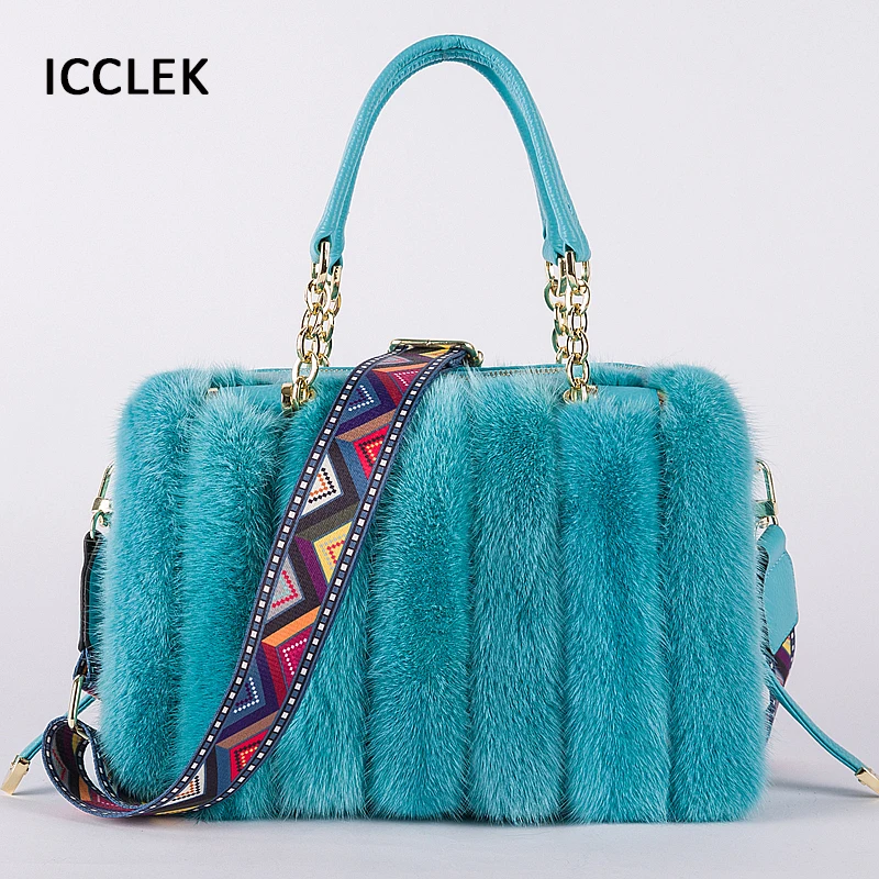 2021 New Mink Fur Bag Women Luxury Handbags Elegant Ladies Single Shoulder Bag Female Leather Solid Color Party Hand Bag