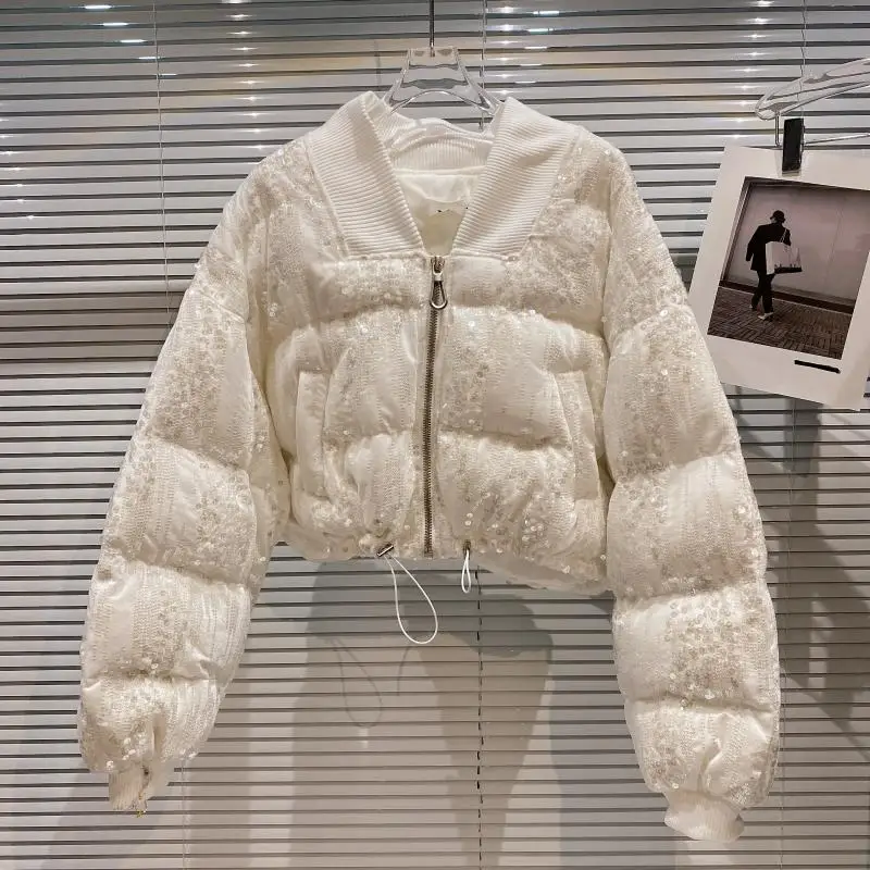 2021 Winter New Ladies Streetwear Short Velvet Gradient Sequin Short Jacket Women's Fashion Simple Solid Color Cotton Coat