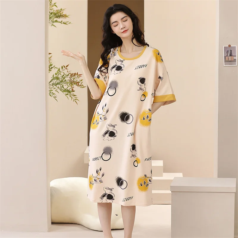 CAIYIER Big Size 5XL Women Cotton Nightdress O-Neck Short Sleeve Sleepdress With Chest Pad Casual Girls Summer Pocket Dresses