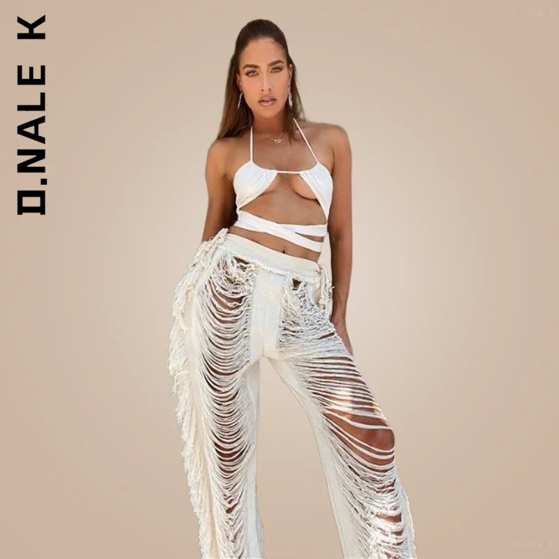 

D.Nale K Pants Women Trousers Fashion Vintage Baggy Hipster Tassel Hollow Out Pants Chic Sweatpants Trendy Hip Female Pants