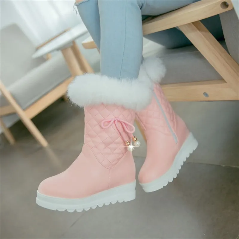 

Plus Size 43 Winter 2023 Sweet Fur Pearls Knot Mid-calf Ladies Snow Boots Height Increasing Party Women Shoes Pink White Black