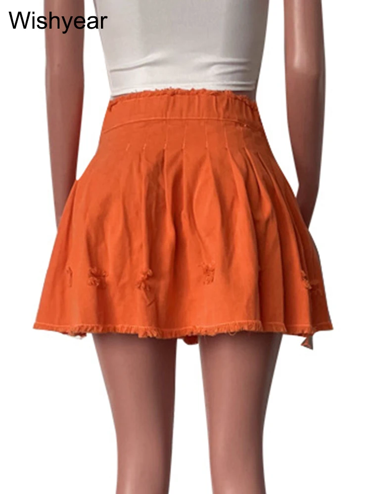 Wishyear Summer Side Slit Pleated Denim Mini Skirt for Women Tassel Ripped A Line Split Jean Short Dress Night Club Rave Outfits images - 6