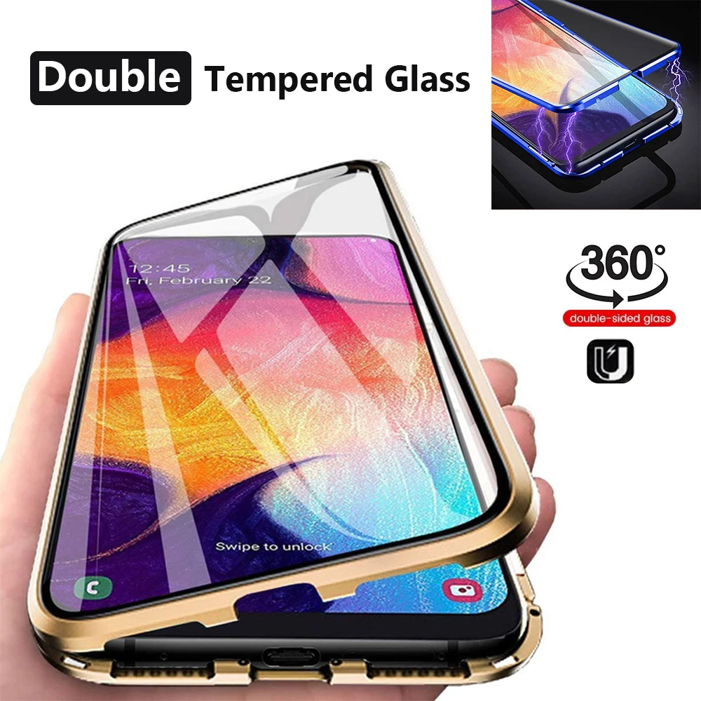 

2023 360 Metal Magnetic Adsorption Case For Samsung Note 10 20 9 8 Double-Sided Glass Cover S21 S20 S10 S9 S8 S22 S23 Plus Ultra