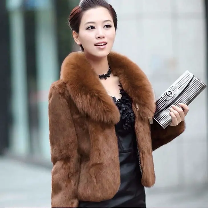 New 2022 Fur Coat Ladies Short Autumn  Winter Rex Rabbit Fur Slim Faux Fur Coat Fox Fur Collar Short Luxury  Ladies Coats