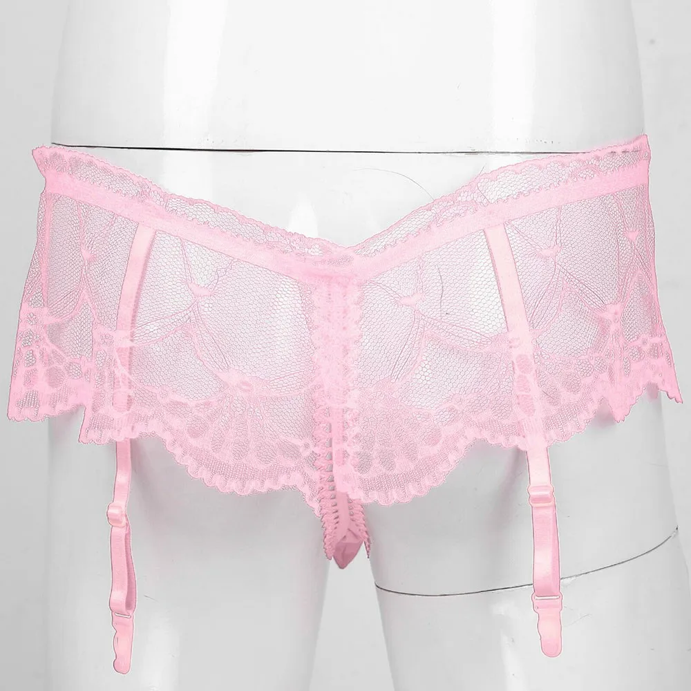 

Men Lingerie Sissy Underwear Hollow Out Lace Skirted Thongs Bowknot Crotchless T-Back Panties With Garter Belt G-String Brief