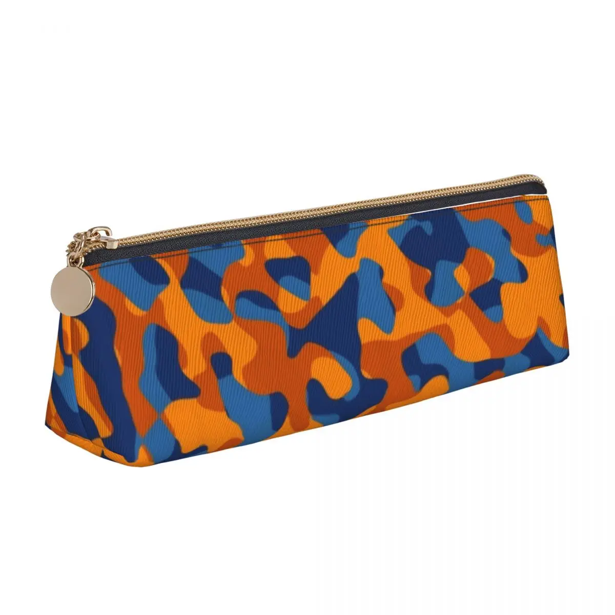 

Blue And Orange Camo Triangle Pencil Case Camouflage Kawaii Zipper Pencil Box Teenager University Leather Pen Bags