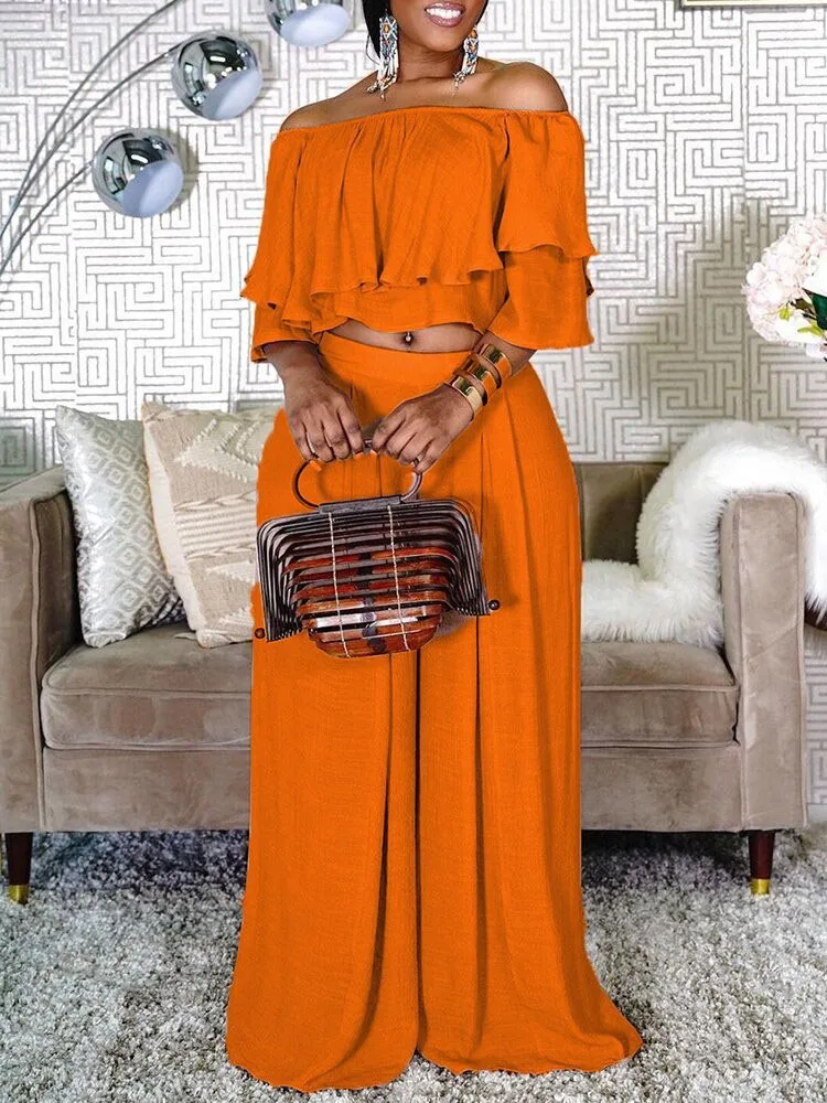 Plus Size 2 Piece Set for Women Clothing Sexy Off Shoulder Ruffles Crop Top Casual Elegant Wide Leg Long Pants Fashion Outfits