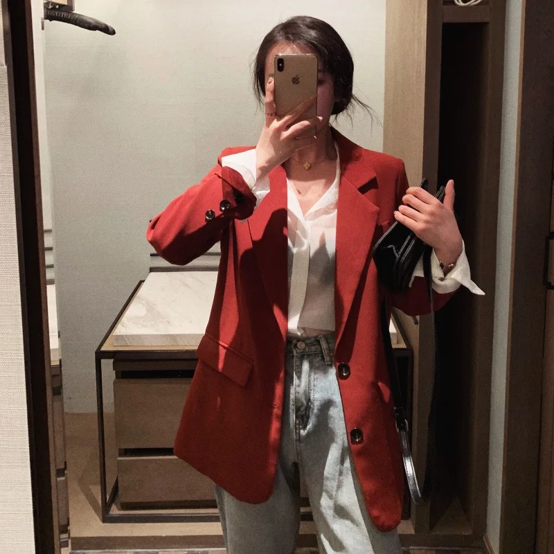 Candy Red Casual Office Blazer 2021 Women Korean Fashion Solid Colors Single Breasted Commute Blazer New Work Clothing  - buy with discount
