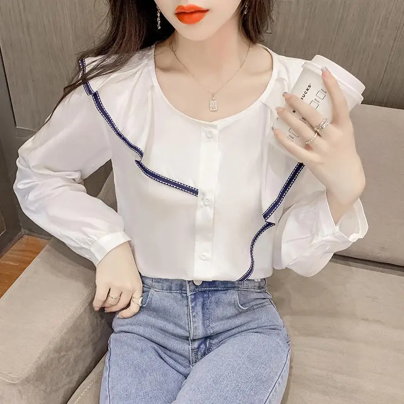 Модная шифоновая рубашка с круглым вырезом и пуговицами оборками женская одежда