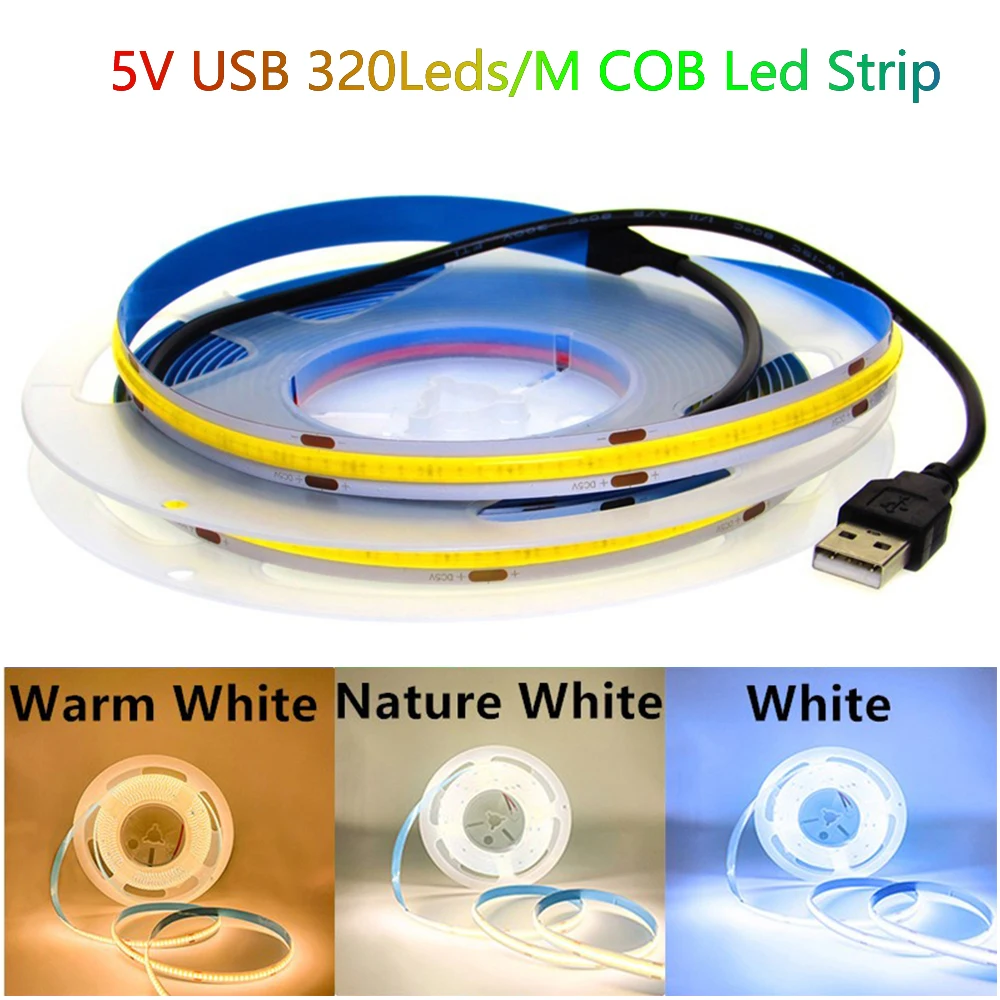 USB 5V COB LED Strip Lights 320Leds/M 0.5m 1m 2m 3m 4m 5m COB LED Strips Lights High Density RA90 Flexible  Tape Linear Dimmable