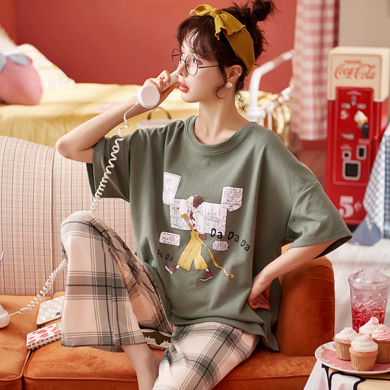 2022 new style pajamas women's summer short sleeved trousers pure cotton  cartoon cute girls can wear home clothes in summer