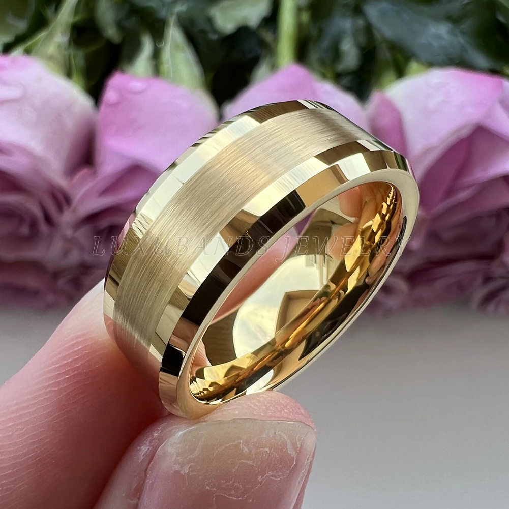 

Tungsten Wedding Ring Beveled Edges For Men Wemen In Stock 8mm 6mm Gold Center Brushed Rose Black Polished Finish Comfort Fit
