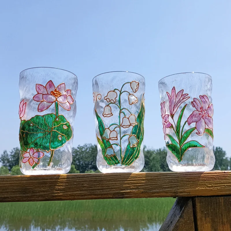 

Hand-painted Flower Glass Japanese Crystal Water Glass Family Girl Heart Ice Beer Glass Ins Wind Cup Glass Cups