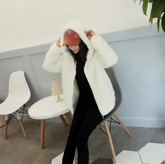 Fur-like Mink Coat Female Faux Fur Hooded Short Coat Rabbit Fur In Autumn  Winter Long Mink Female Agent Casual Girl Wear Jacket