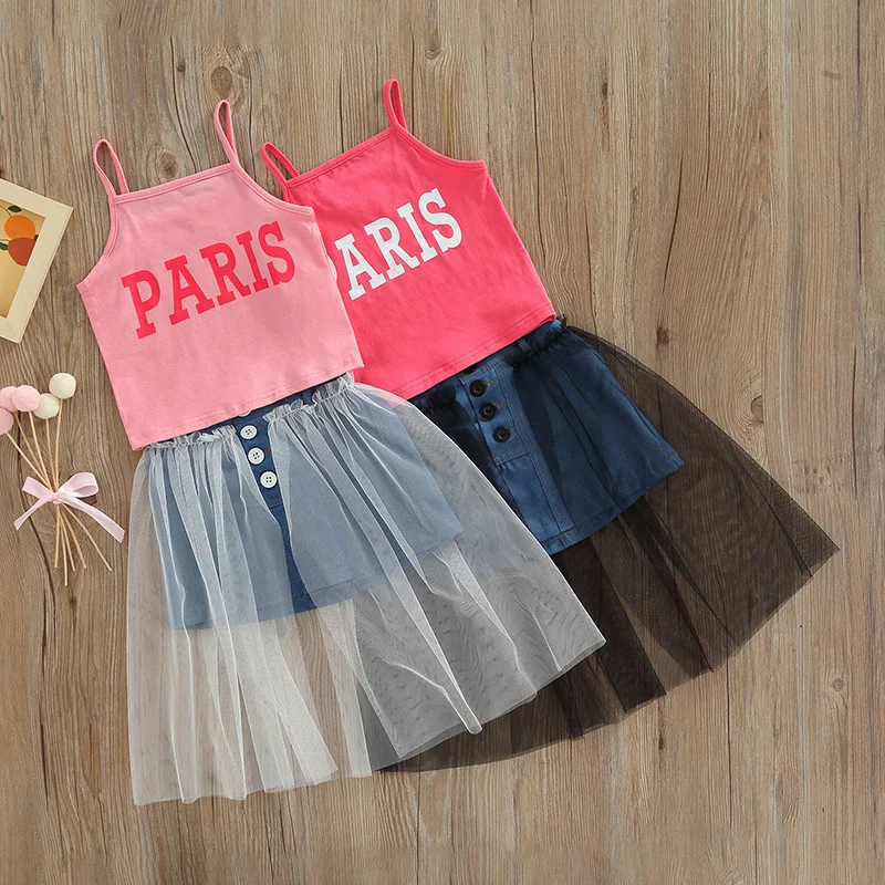 

2-6Y 2PCS Girls Clothes Letter Print Camisole Tops Long Patchwork Sheer Mesh Layer Inner Short Denim Skirt Summer Outfit