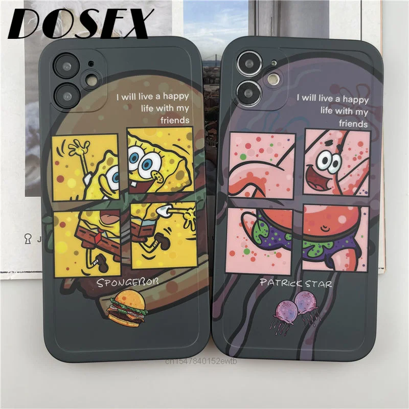 Co-brand Kawaii SpongeBobs Patrick Stars 13 Pro Max Phone Case 11 Xs 12 Cover Xr X For Women Couples Girls Square Anime Cartoon