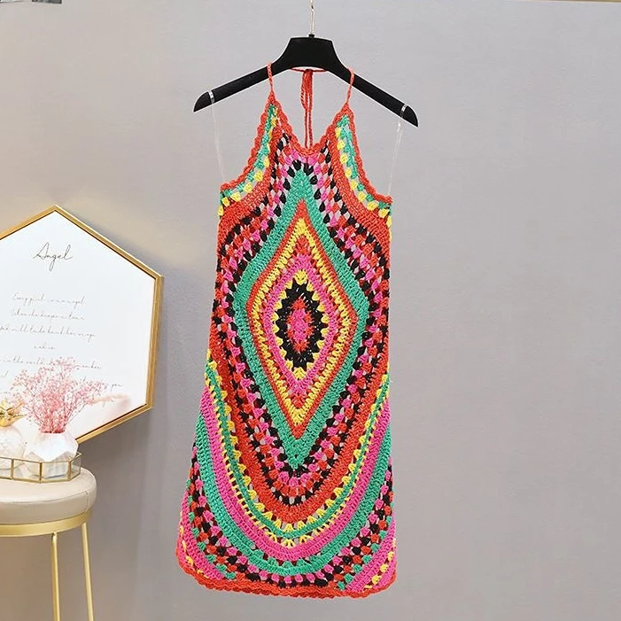 

Diamond Crochet Dresses Women Sexy Bohe Halter Dresses Women Summer Orange Knitted Boho Dress