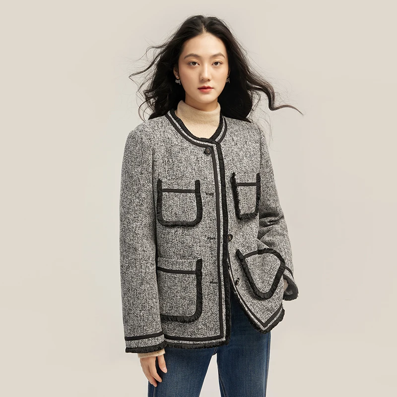 New 90% White Duck Down Jacket Women  High Street  Wool  Polyester  Single Breasted  Wide-waisted Thin Appliques Coat