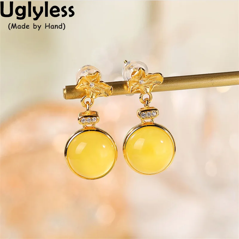 Uglyless Natural Chicken Oil Amber Beeswax Earrings for Women Handmade Gold Lotus Leaf Brincos 925 Silver Gemstones Ethnic Jewel