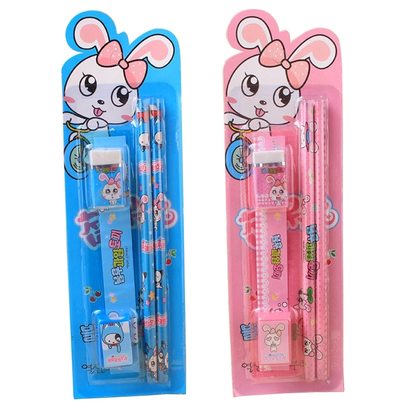 

New Set of 5 Portable Student Stationery Kit Include Pencils Eraser Ruler Pencil Sharpener for Boy Girl Birthday Xmas Gift
