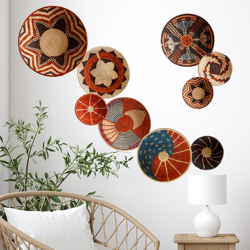 Богемный Плетеный виниловый диск с принтом настенный Wticker для гостиной Фоновые наклейки имитация ротанга плетеная ПВХ Настенная Наклейка
