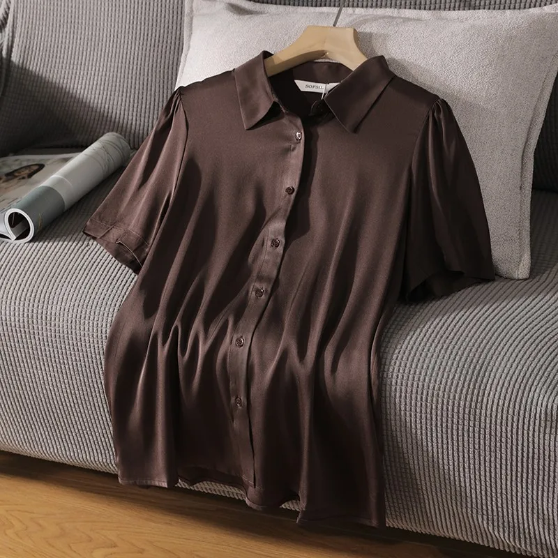 

Women Blouses Summer New Casual Pure Silk Shirt Lapel Short Sleeve Single Breasted Placket Blouse Soft Texture S18804