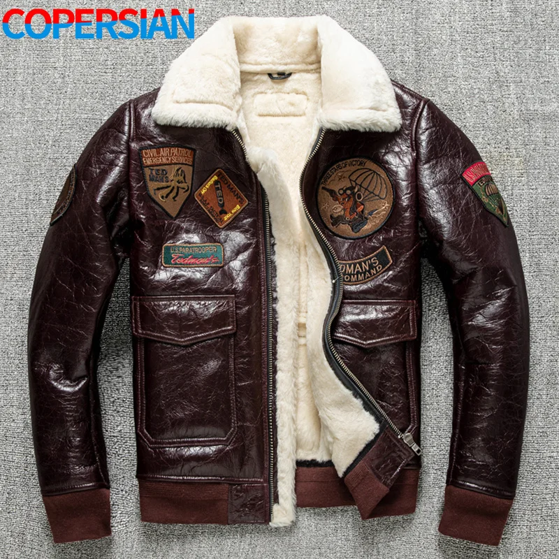 

Men's Winter Leather Jacket with Inner Embroidery, Leather Slim Fit Thermal Jacket with Fur Collar Burgundy 5XL