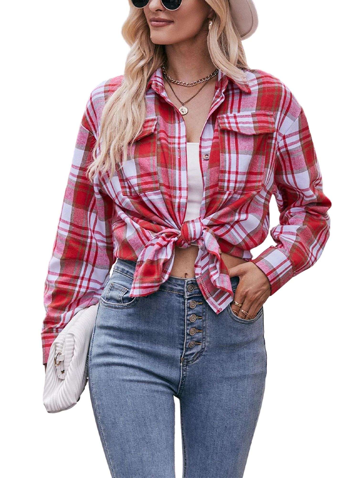 

Women s Vintage Plaid Oversized Button-Up Shirt with Rolled Sleeves - Y2K Inspired Casual Shacket Blouse for a Stylish Look