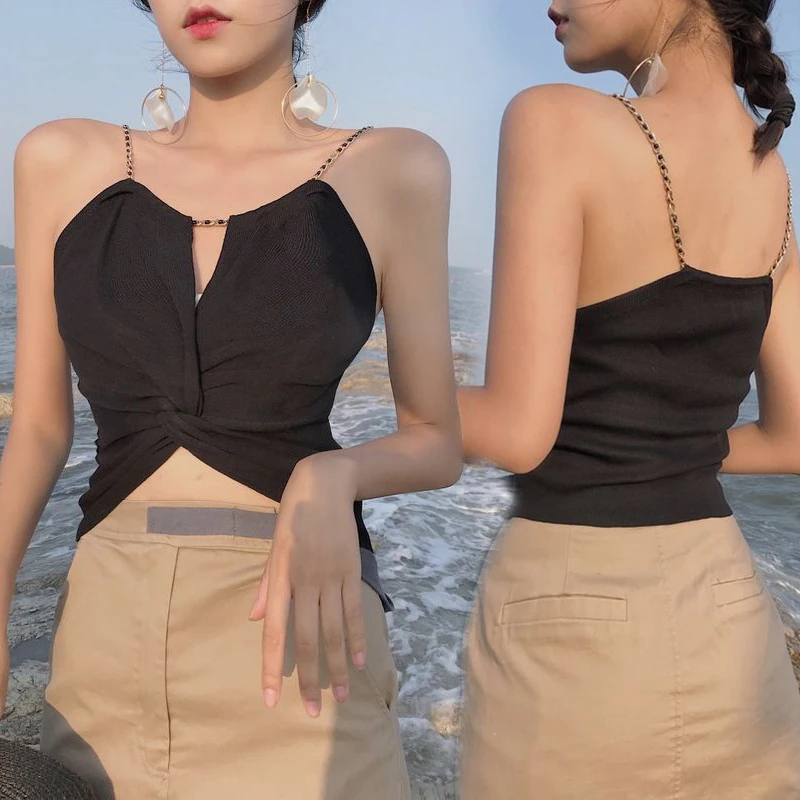 

Hollow Out Sexy Low Cut Tube Top Metal Chain Sling Shirt High Waisted Short Halter Tops Simple Sexy Camisole Top
