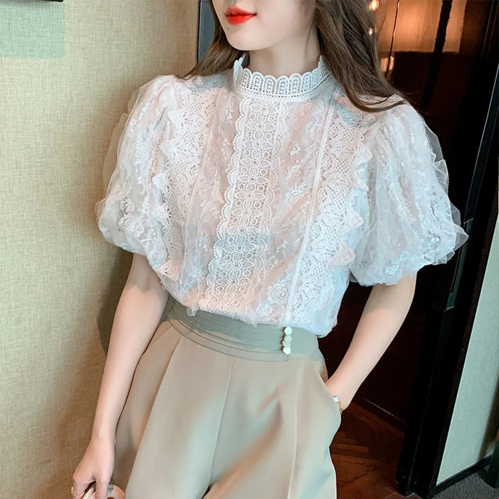 

Vintage Palace Style Stylish Lantern Sleeve Loose Lace Shirt Summer Sweet Tops Bluas Mujer Chic Female Clothing Elegant Blouse