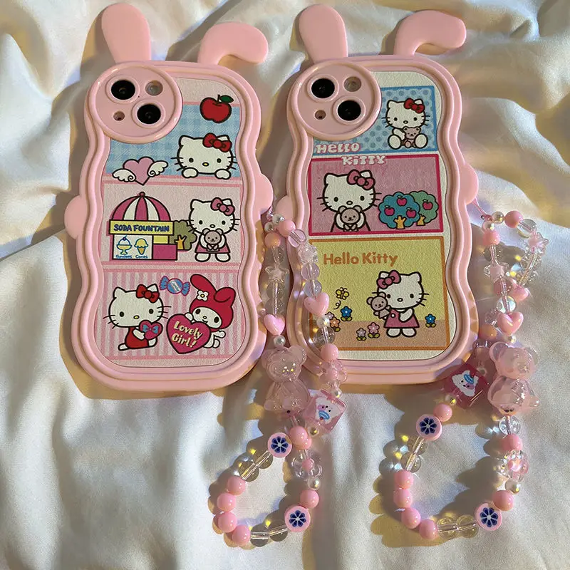 

Kawaii Sanrio My Melody Cute Pink Bunny 3D Phone Case for Iphone 11 12 13 14 Pro Max with Bracelet Drop Proof Cover Girls Gifts