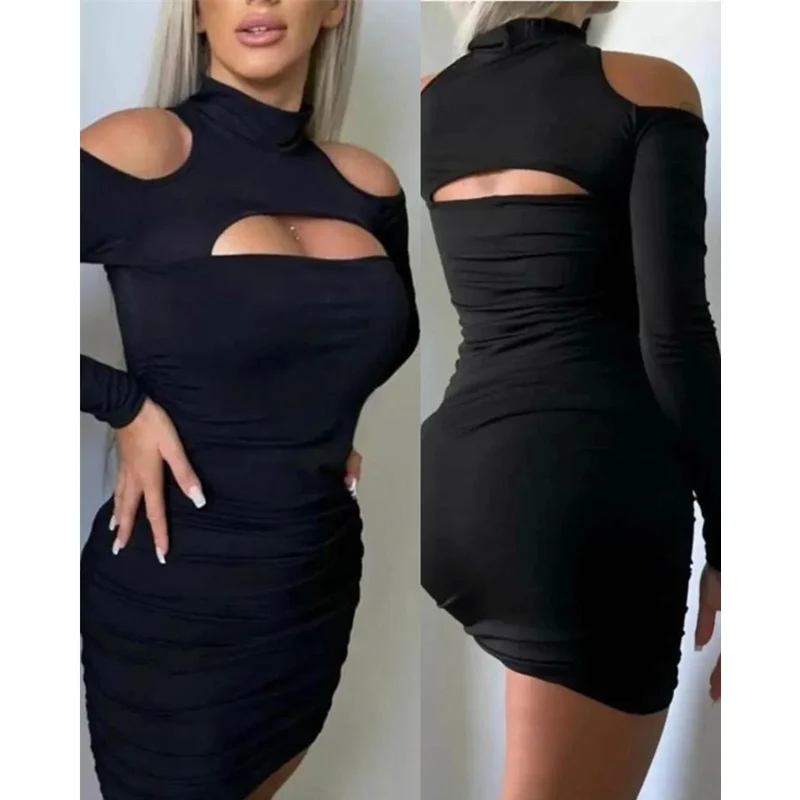 

Cold Shoulder Ruched Cutout Bodycon Dress Women Sexy Long Sleeve Stand Collar High Waist Corset Slim Fit Cocktail Party Dress