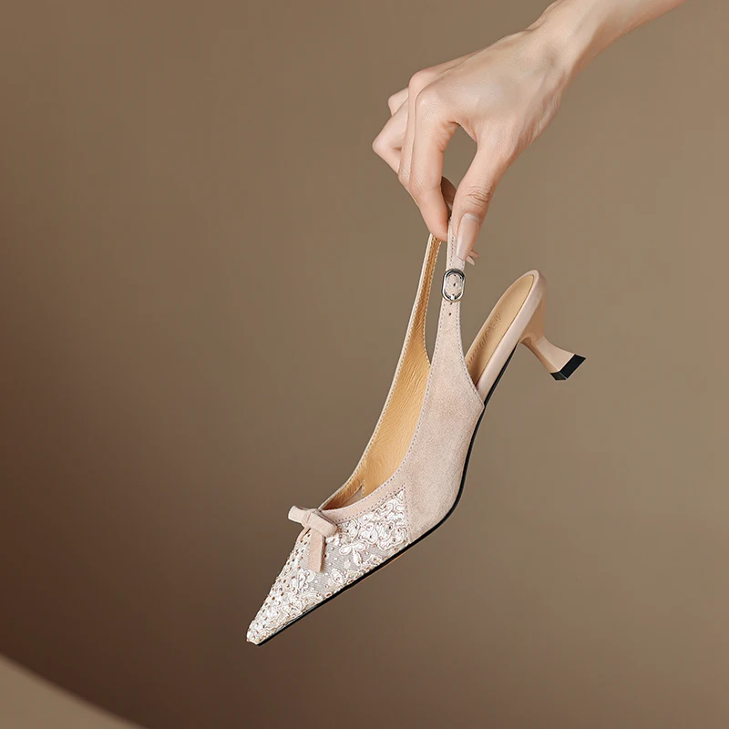 

Женские босоножки из натуральной кожи, с острым носком и кружевом, из натуральной замши, воловьей и свиной шкуры, летний сезон, 22-2023 см, 24,5